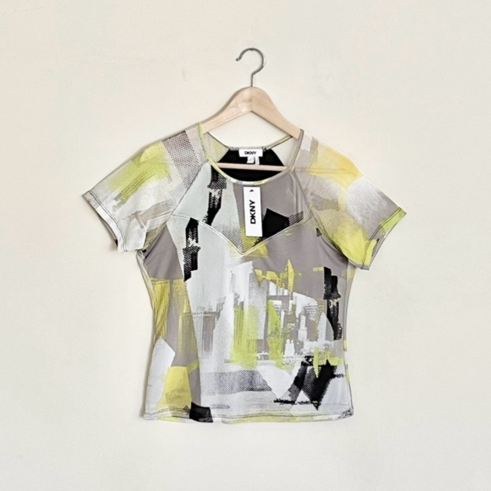 NEW DKNY Mesh Sheer Geometric Abstract Pistachio Lined Top Women’s size Medium